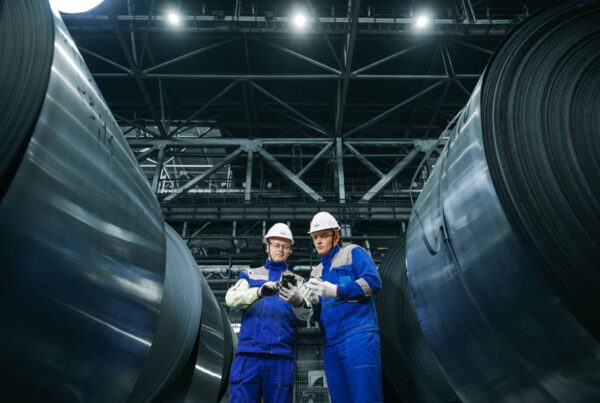 Two workers in hardhats and safety gear reviewing compliance documentation inside industrial manufacturing facility