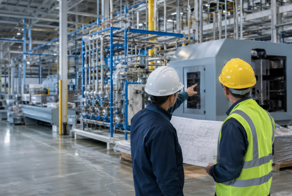 Industrial project team reviewing equipment and process-piping plans during a manufacturing facility expansion.