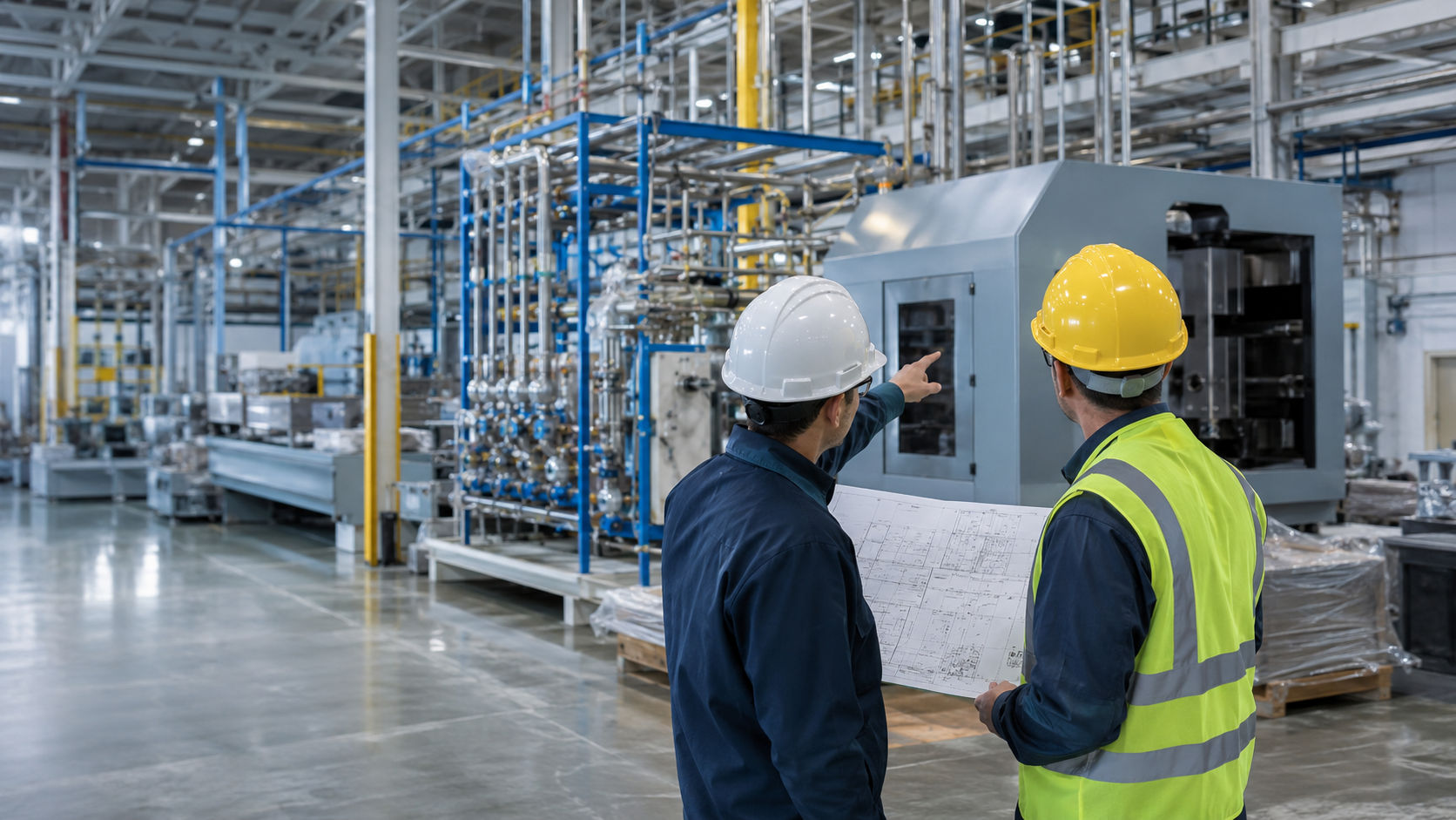 Industrial project team reviewing equipment and process-piping plans during a manufacturing facility expansion.