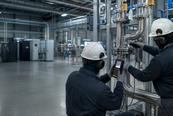 Industrial technicians inspecting process piping and compressed-air equipment in a manufacturing facility.