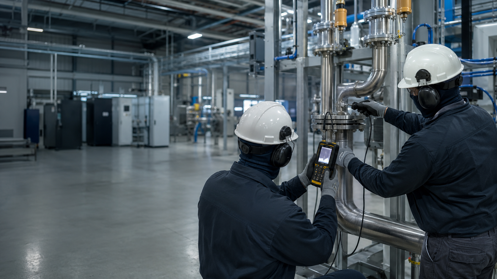 Industrial technicians inspecting process piping and compressed-air equipment in a manufacturing facility.