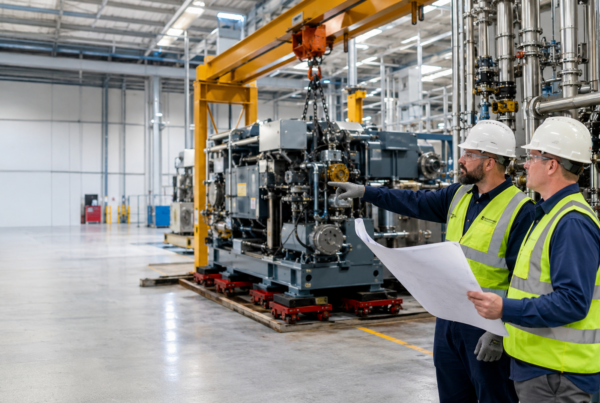 Industrial project team reviewing a relocation plan beside machinery staged for a controlled move.