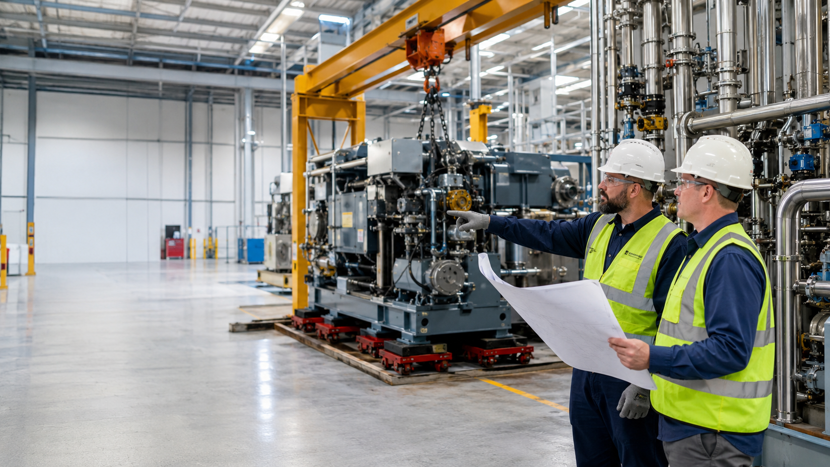 Industrial project team reviewing a relocation plan beside machinery staged for a controlled move.