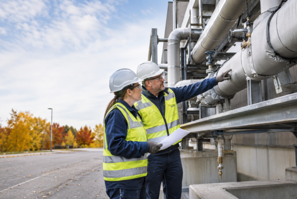 Maintenance professionals inspecting insulated process piping, valves, and drains before winter weather.
