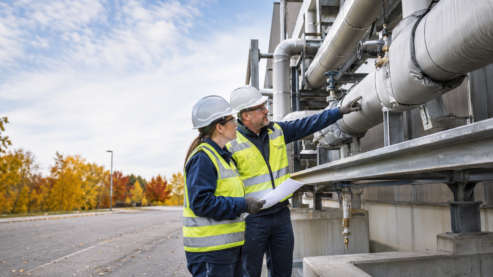 Maintenance professionals inspecting insulated process piping, valves, and drains before winter weather.
